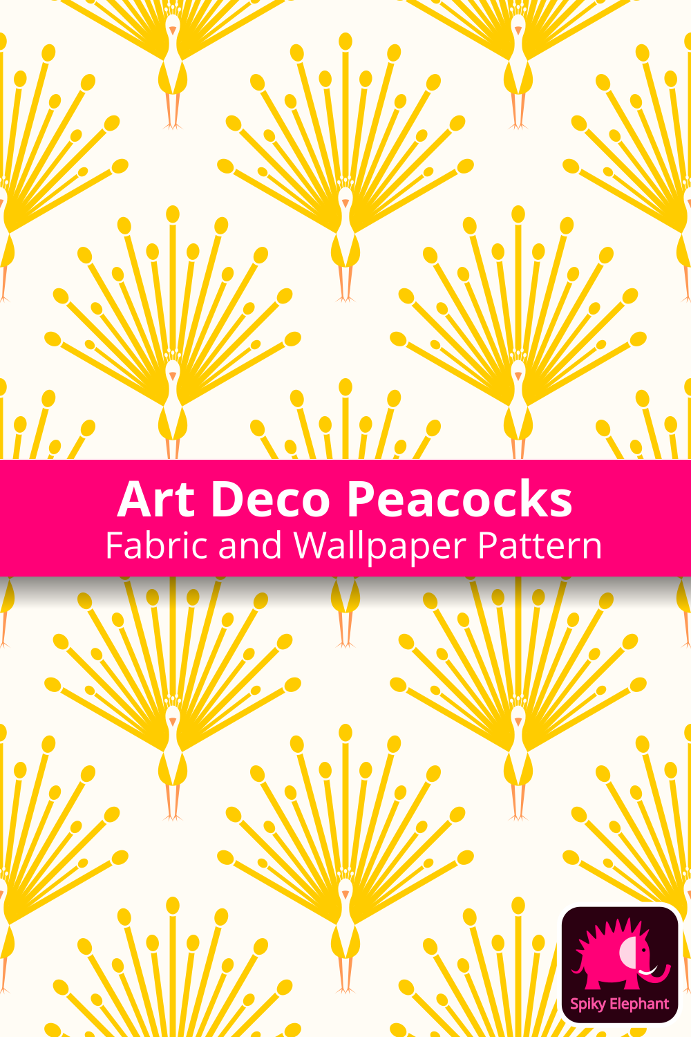 Art Deco Peacocks - Sunshine Yellow, Orange, Cream White wallpaper and fabric - Sunshine Yellow, Orange, Cream White