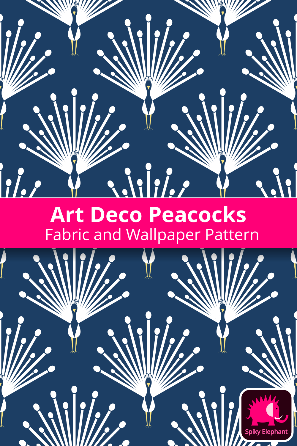 Art Deco Peacocks - White, Yellow, Navy Blue wallpaper and fabric - White, Yellow, Navy Blue
