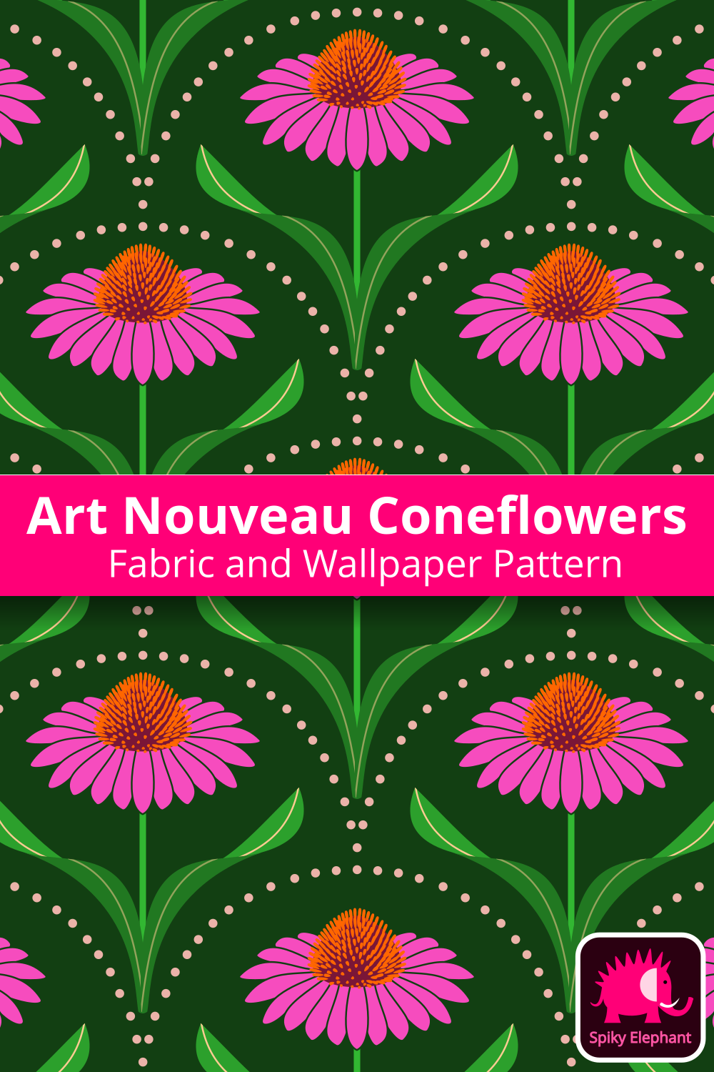 Art Nouveau Coneflowers - Pink, Orange, Green, Dark Green wallpaper and fabric - Pink, Orange, Green, Dark Green
