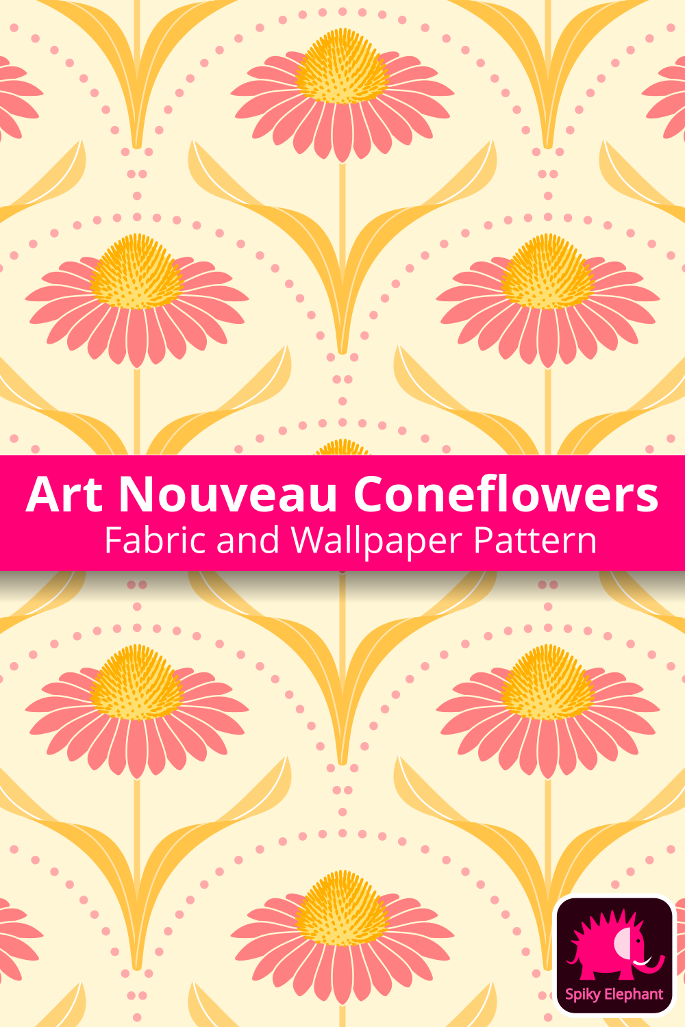 Art Nouveau Coneflowers - Pink, Yellow, Orange, Cream wallpaper and fabric - Pink, Yellow, Orange, Cream
