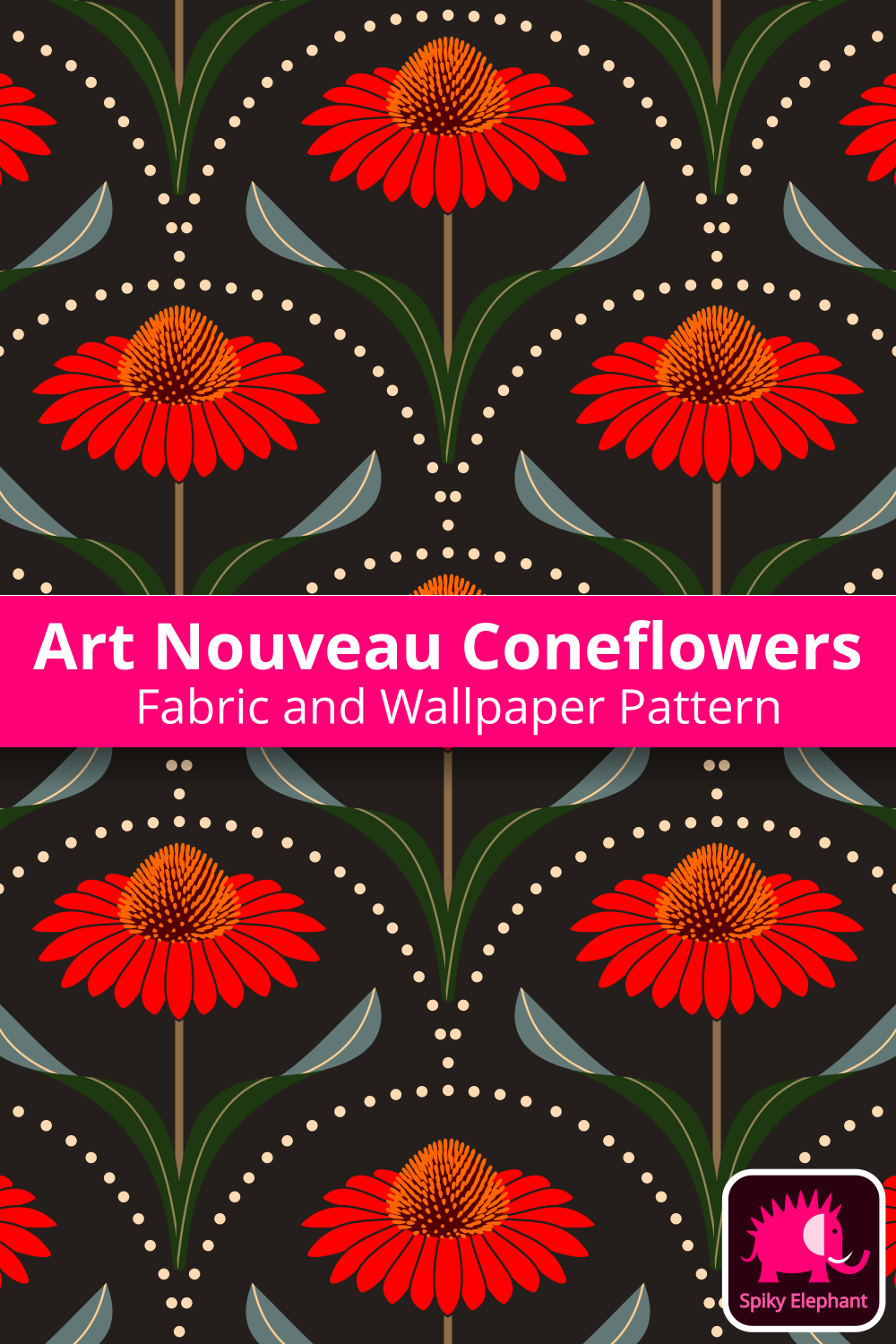 Art Nouveau Coneflowers - Red, Orange, Sage Green, Dark Green wallpaper and fabric - Red, Orange, Sage Green, Dark Green