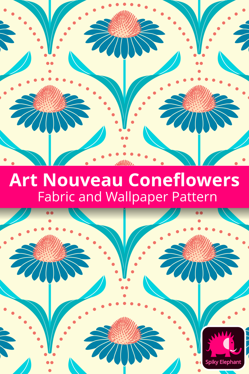 Art Nouveau Coneflowers - Teal Blue, Red, Cyan, Cream wallpaper and fabric - Teal Blue, Red, Cyan, Cream