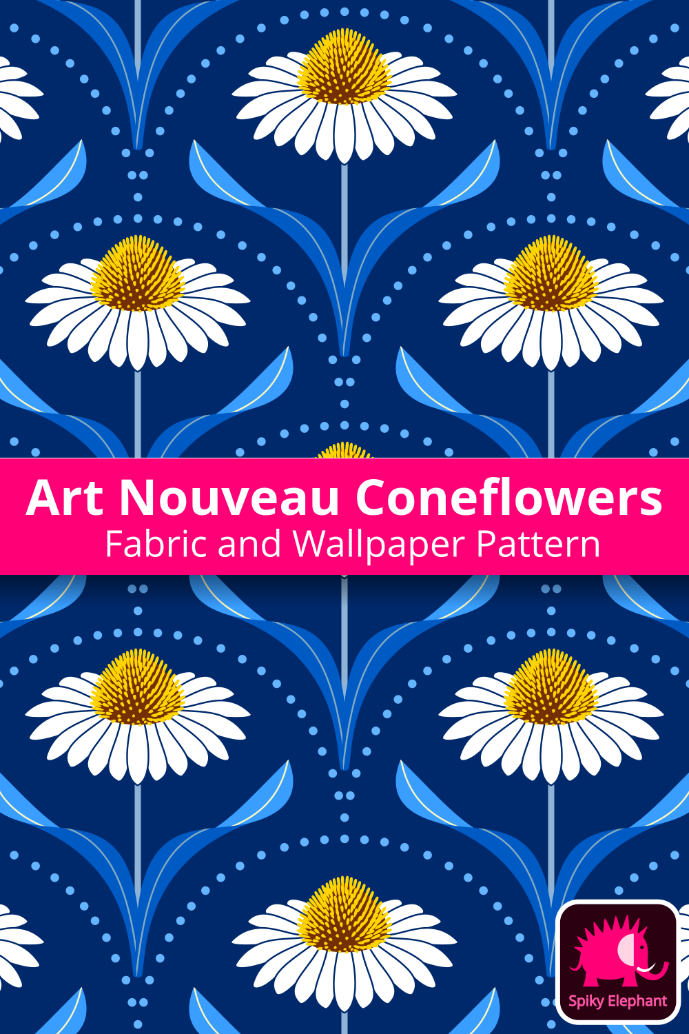 Art Nouveau Coneflowers wallpaper and fabric - White, Yellow, Light Blue, Blue