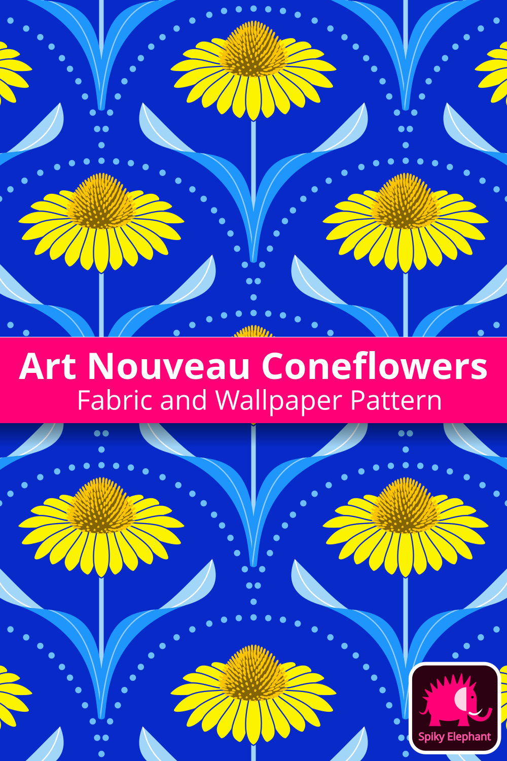 Art Nouveau Coneflowers - Yellow, Orange, Light Blue, Blue wallpaper and fabric - Yellow, Orange, Light Blue, Blue