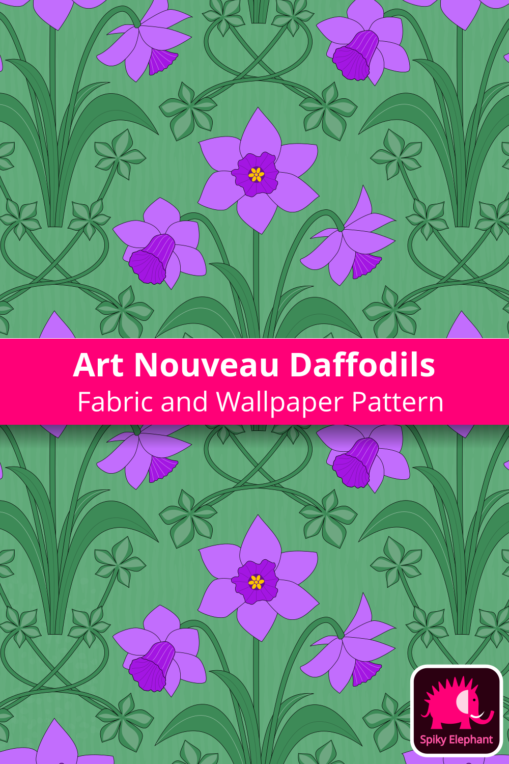Art Nouveau Daffodils - Pink, Purple, Green, Light Green wallpaper and fabric - Pink, Purple, Green, Light Green