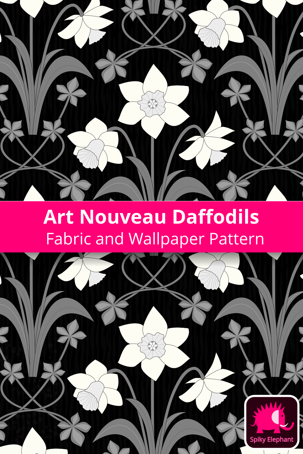 Art Nouveau Daffodils - White, Grey, Black wallpaper and fabric - White, Grey, Black