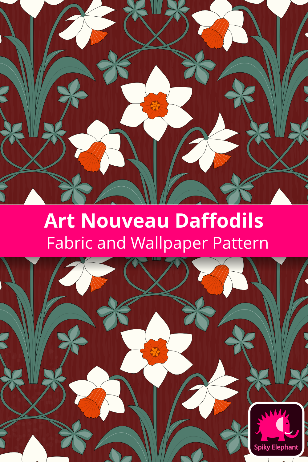 Art Nouveau Daffodils - White, Orange, Sage Green, Maroon wallpaper and fabric - White, Orange, Sage Green, Maroon