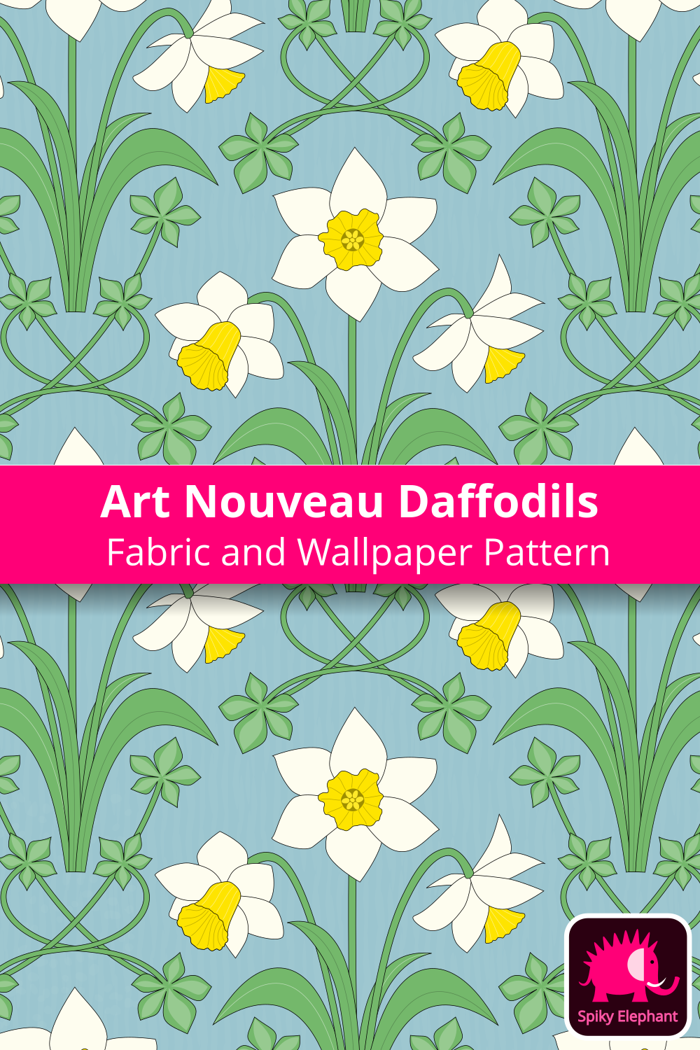 Art Nouveau Daffodils - White, Yellow, Green, Blue wallpaper and fabric - White, Yellow, Green, Blue