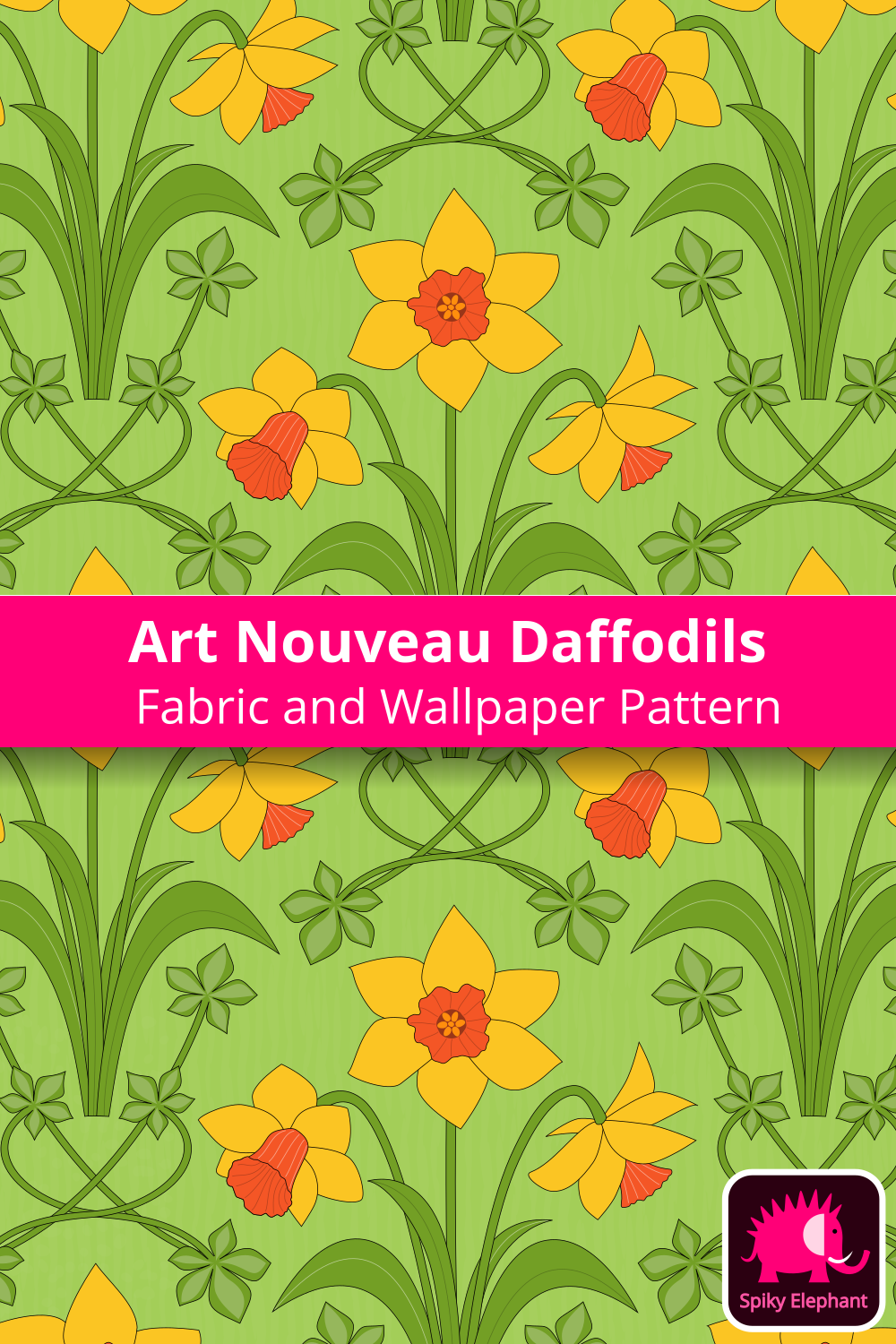 Art Nouveau Daffodils - Yellow, Orange, Green, Light Green wallpaper and fabric - Yellow, Orange, Green, Light Green