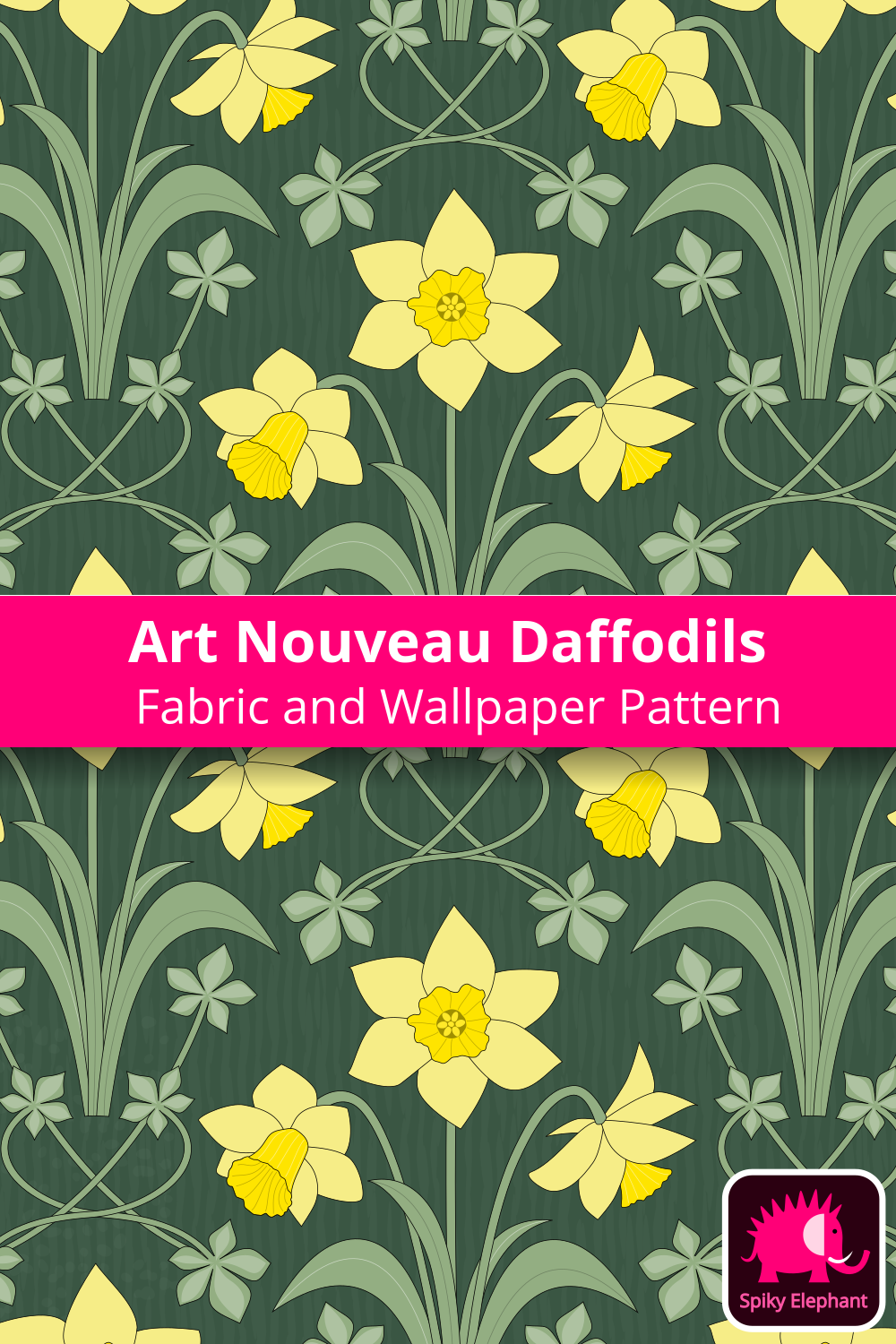 Art Nouveau Daffodils wallpaper and fabric - Yellow, Sage Green, Hunter Green