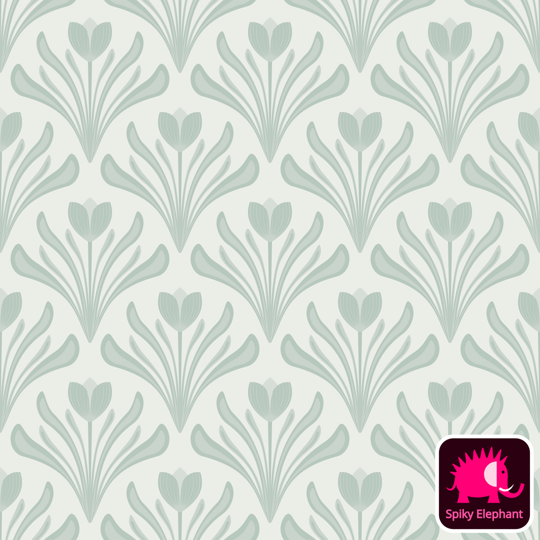 Art Nouveau Tulips Floral Damask wallpaper and fabric - Muted Pastel Sage Green