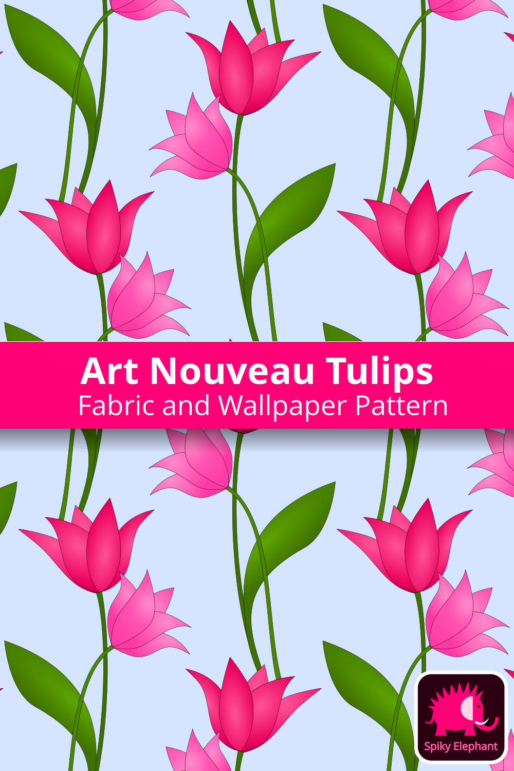 Art Nouveau Tulips - Magenta and pink tulips, baby blue background wallpaper and fabric - Magenta and pink tulips, baby blue background