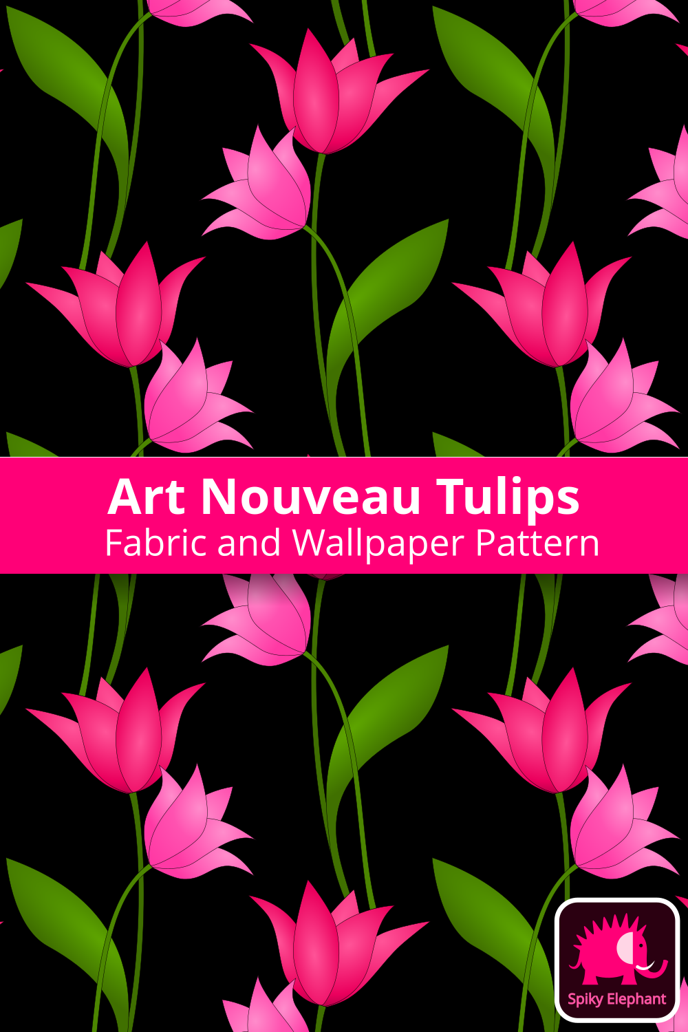 Art Nouveau Tulips - Magenta and pink tulips, black background wallpaper and fabric - Magenta and pink tulips, black background