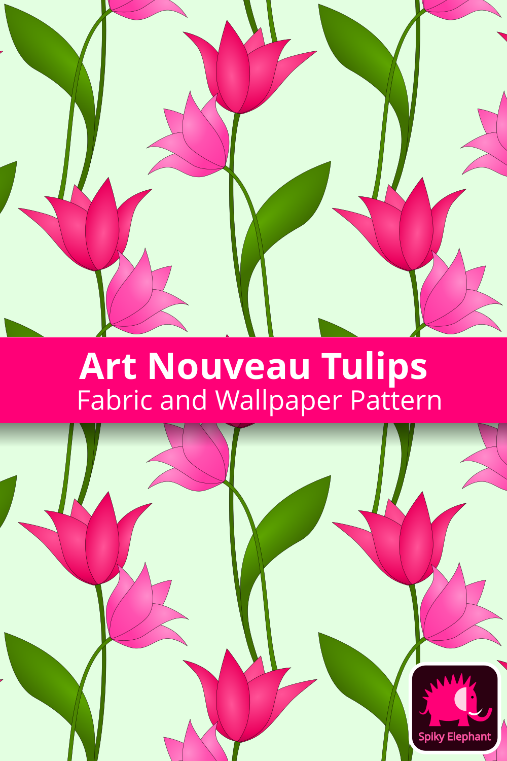 Art Nouveau Tulips - Magenta and pink tulips, light green background wallpaper and fabric - Magenta and pink tulips, light green background