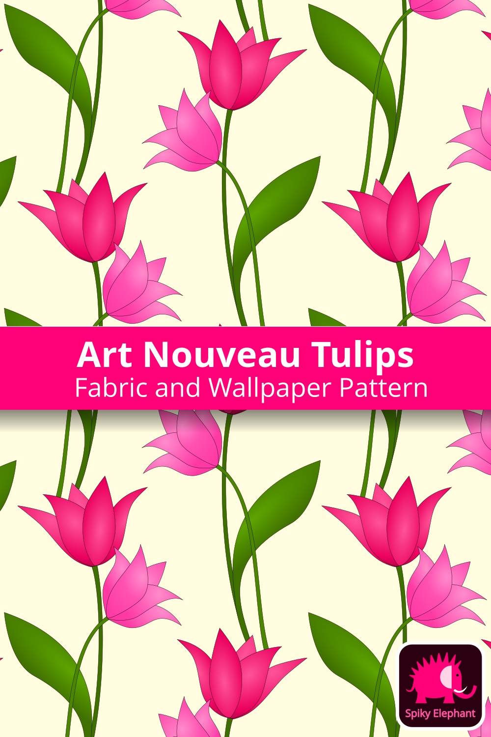 Art Nouveau Tulips - Magenta and pink tulips, light yellow background wallpaper and fabric - Magenta and pink tulips, light yellow background