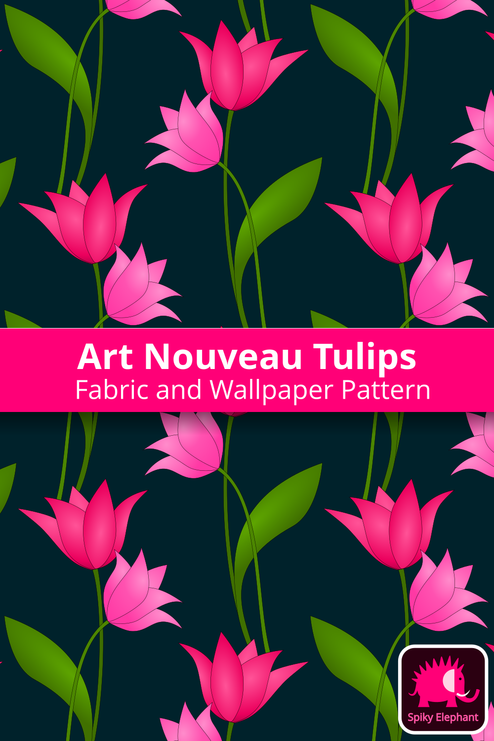 Art Nouveau Tulips wallpaper and fabric - Magenta and pink tulips, peacock blue background