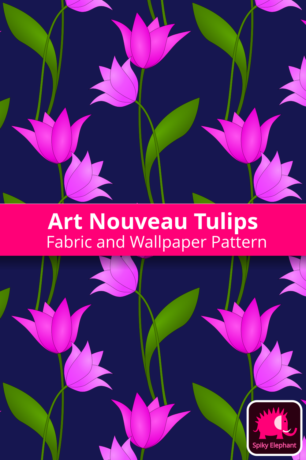 Art Nouveau Tulips - Purple and mauve pink tulips, navy blue background wallpaper and fabric - Purple and mauve pink tulips, navy blue background