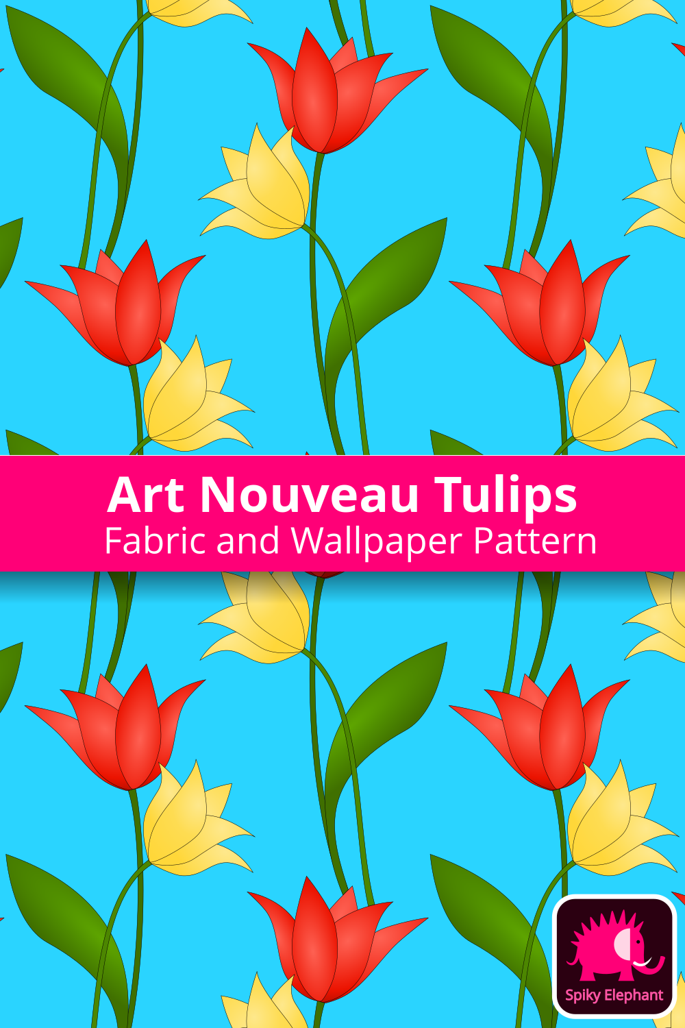 Art Nouveau Tulips - Red orange and yellow tulips, sky blue background wallpaper and fabric - Red orange and yellow tulips, sky blue background