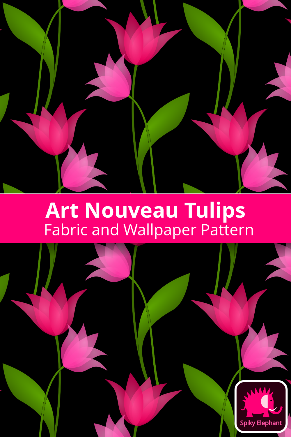 Art Nouveau Tulips - Semi-transparent fuchsia and pink tulips, black background wallpaper and fabric - Semi-transparent fuchsia and pink tulips, black background