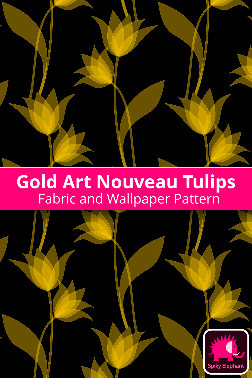 Art Nouveau Tulips - Semi-transparent gold tulips, black background wallpaper and fabric - Semi-transparent gold tulips, black background