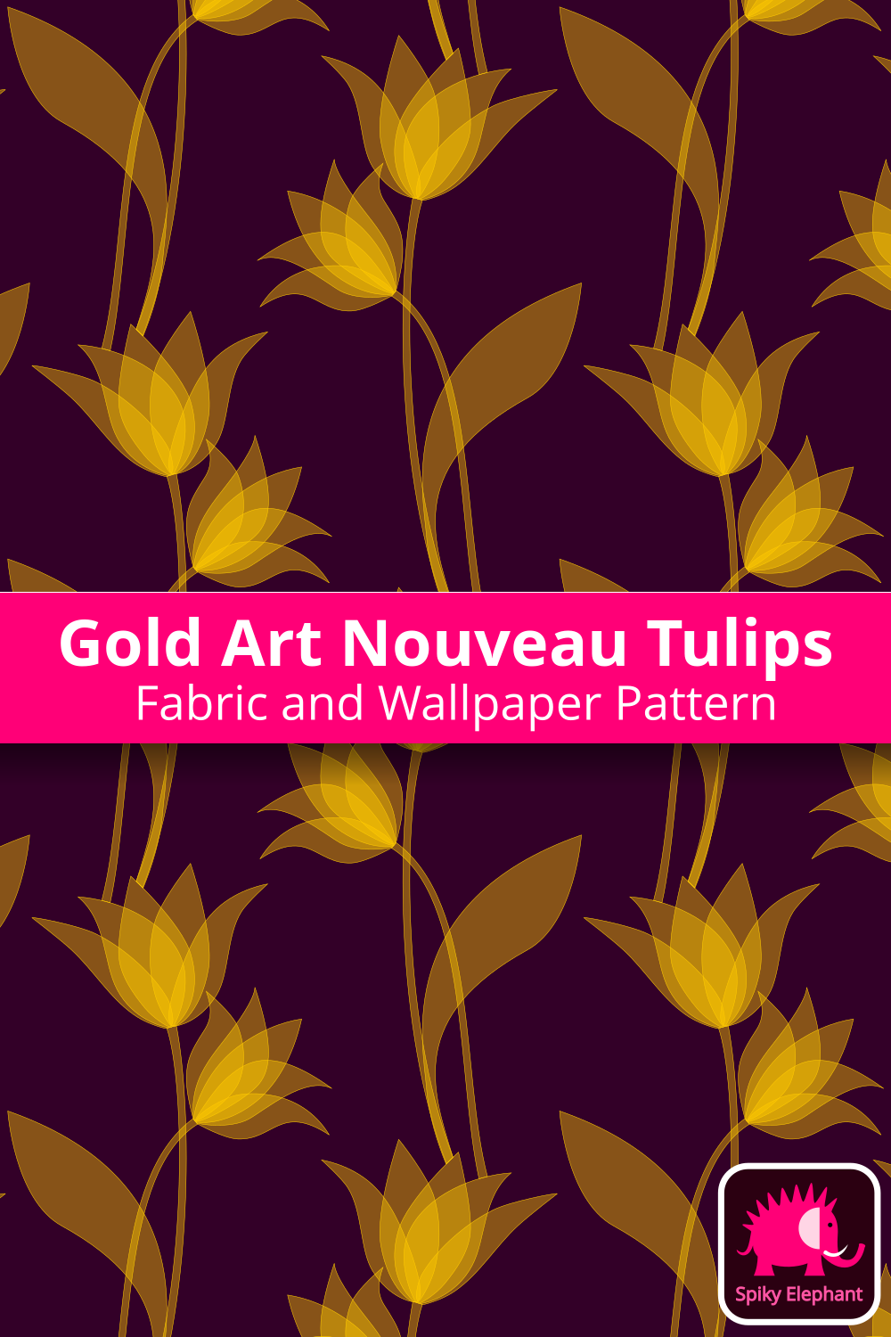 Art Nouveau Tulips - Semi-transparent gold tulips, dark purple background wallpaper and fabric - Semi-transparent gold tulips, dark purple background