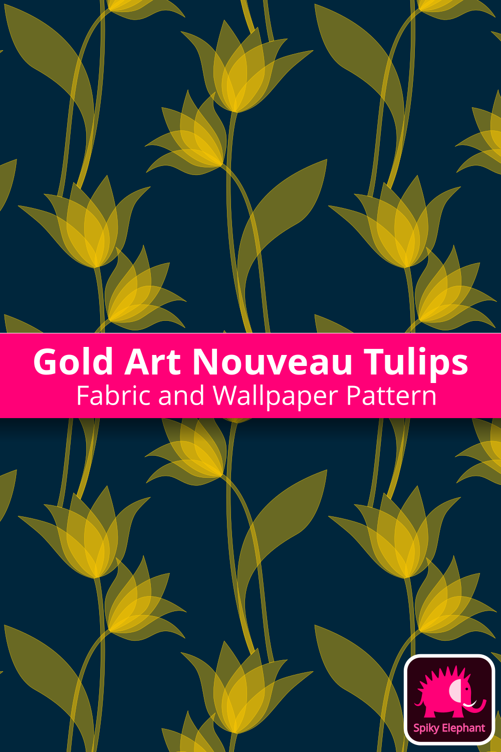 Art Nouveau Tulips - Semi-transparent gold tulips, dark teal background wallpaper and fabric - Semi-transparent gold tulips, dark teal background