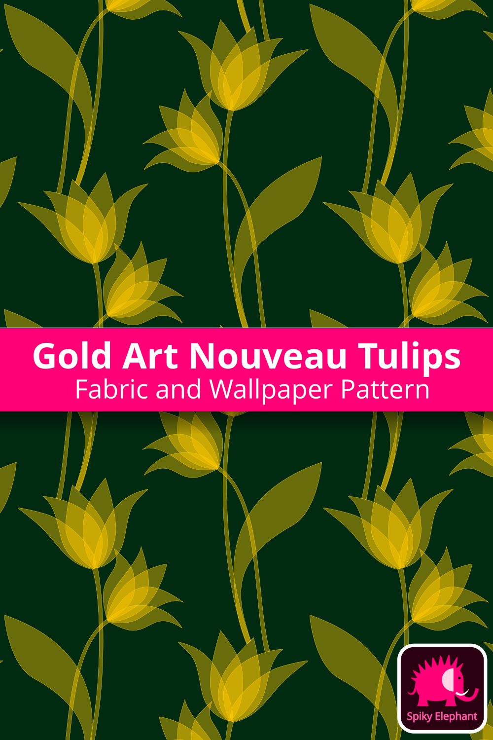 Art Nouveau Tulips - Semi-transparent gold tulips, emerald green background wallpaper and fabric - Semi-transparent gold tulips, emerald green background