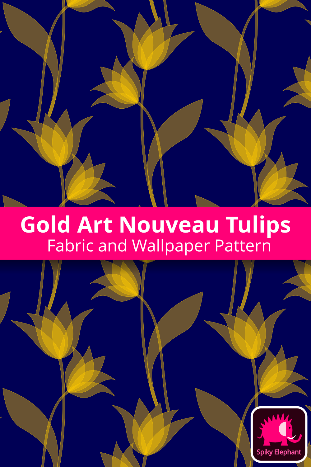 Art Nouveau Tulips - Semi-transparent gold tulips, navy blue background wallpaper and fabric - Semi-transparent gold tulips, navy blue background