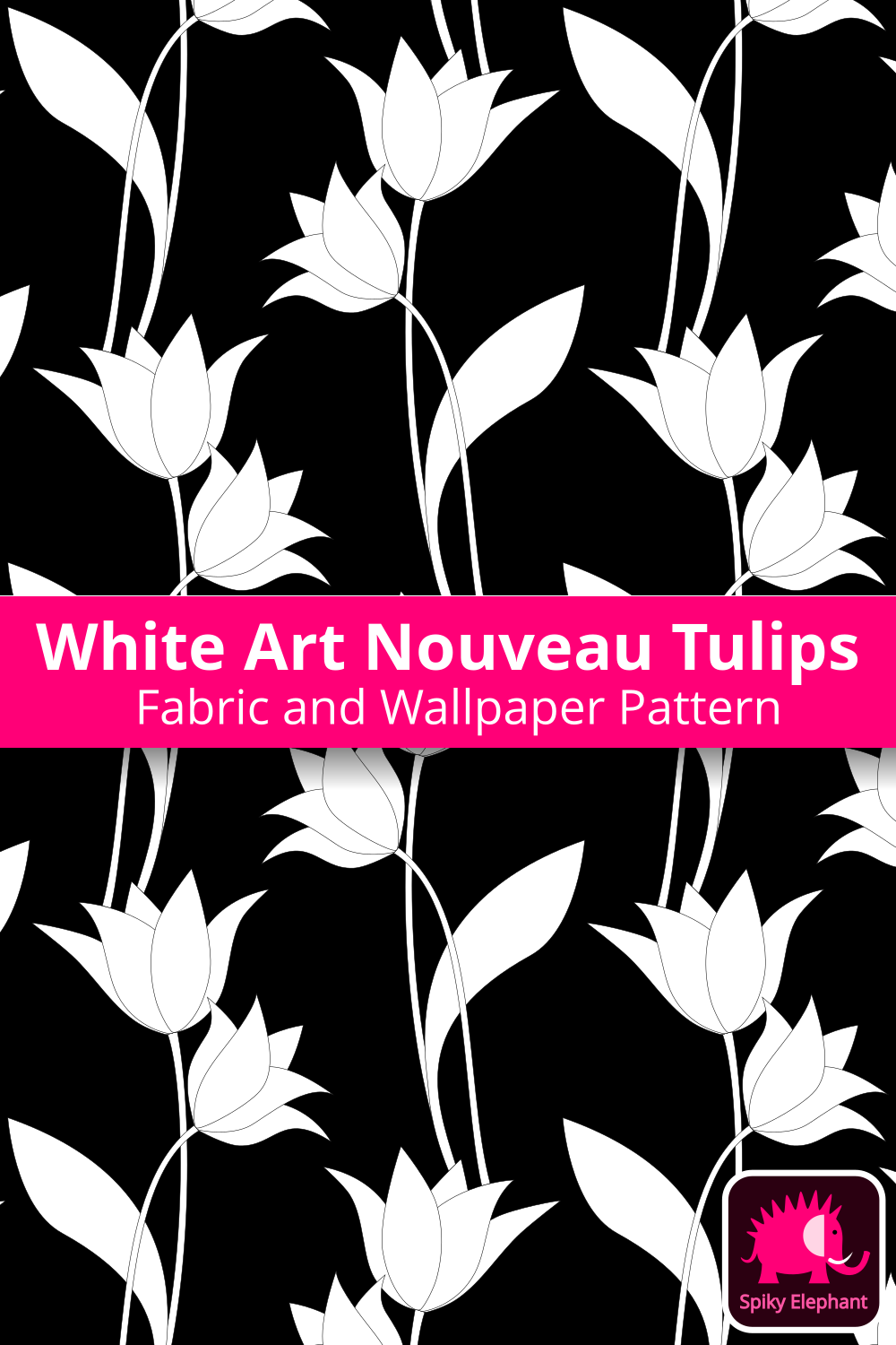 Art Nouveau Tulips - White tulips, black background wallpaper and fabric - White tulips, black background
