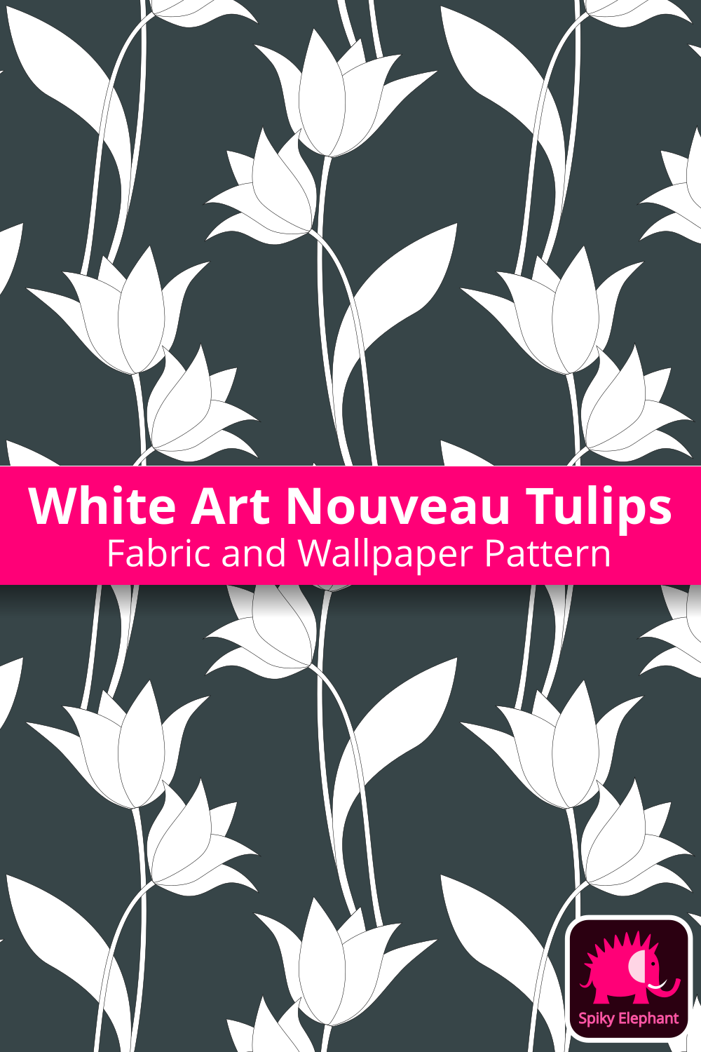 Art Nouveau Tulips - White tulips, dark teal grey background wallpaper and fabric - White tulips, dark teal grey background