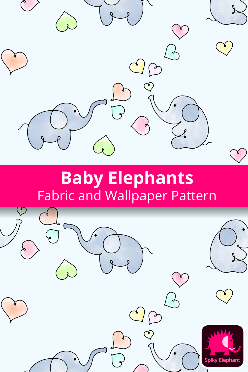 Baby elephants and hearts - Light blue background wallpaper and fabric - Light blue background