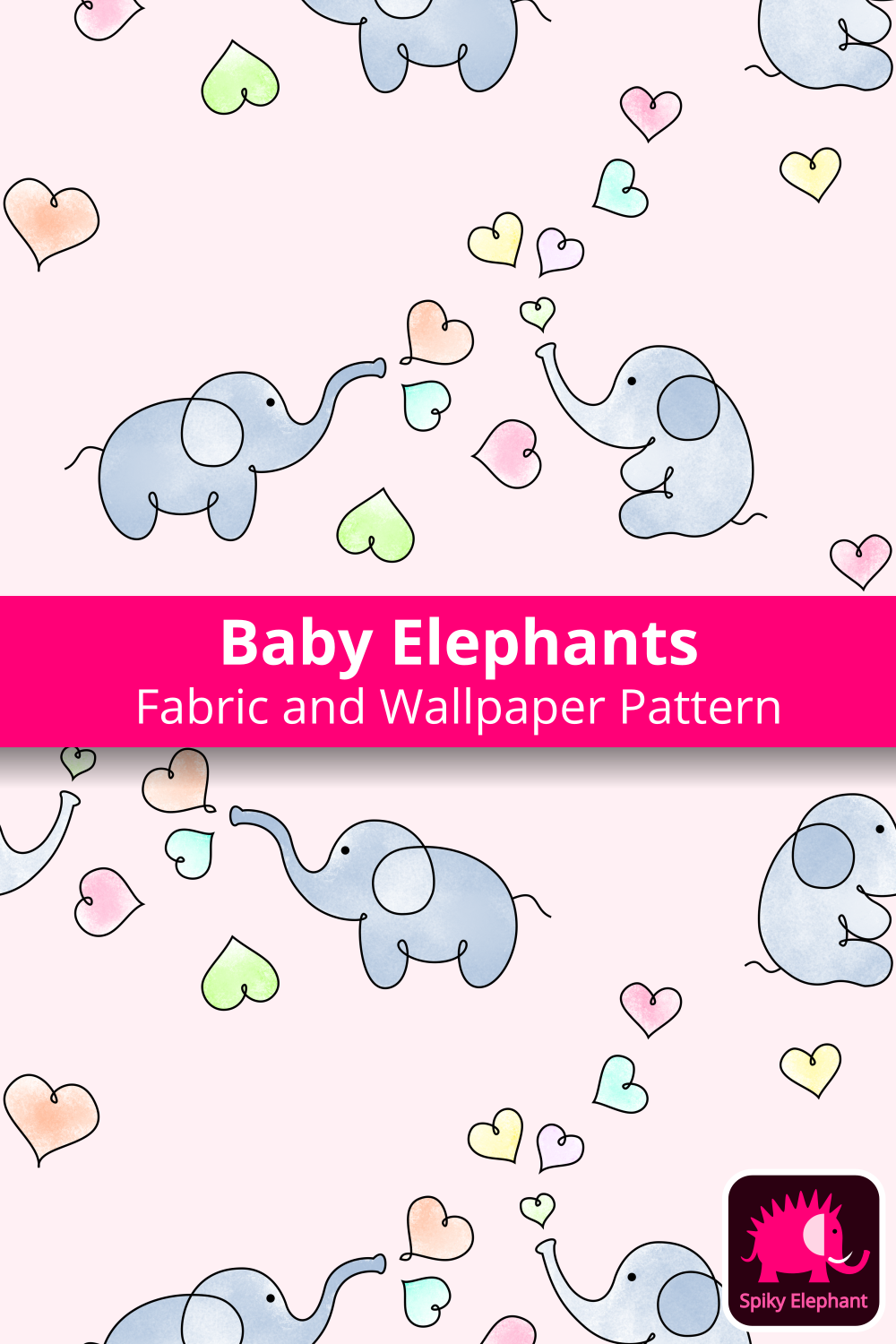 Baby elephants and hearts - Light pink background wallpaper and fabric - Light pink background