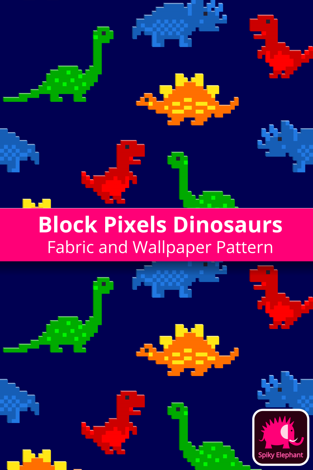 Block Pixels Dinosaurs - Retro Dinos on Navy Blue wallpaper and fabric - Retro Dinos on Navy Blue