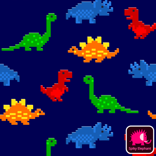 Block Pixels Dinosaurs wallpaper and fabric - Retro Dinos on Navy Blue