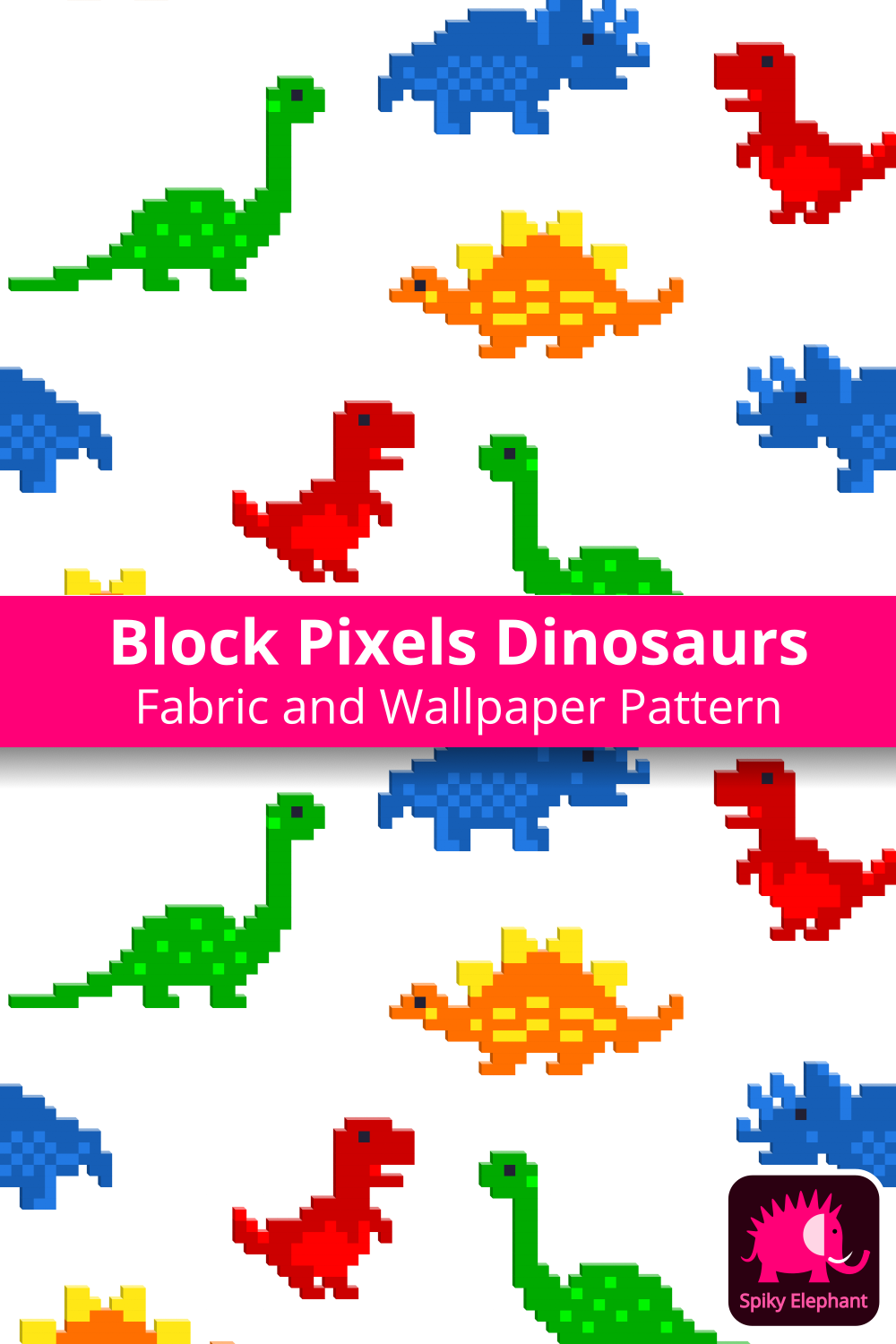 Block Pixels Dinosaurs - Retro Dinos on White wallpaper and fabric - Retro Dinos on White