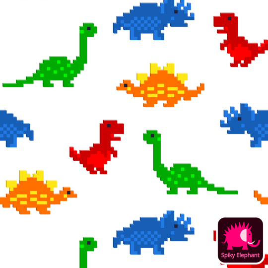 Block Pixels Dinosaurs wallpaper and fabric - Retro Dinos on White
