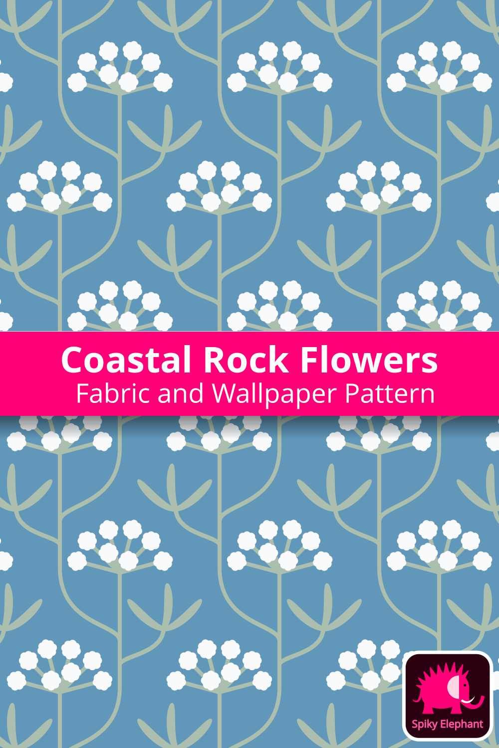 Coastal Rock Flowers - Cerulean Blue, White, Sage Green wallpaper and fabric - Cerulean Blue, White, Sage Green