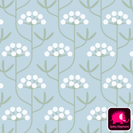 Coastal Rock Flowers wallpaper and fabric - Light Dusty Blue Grey, White, Sage Green