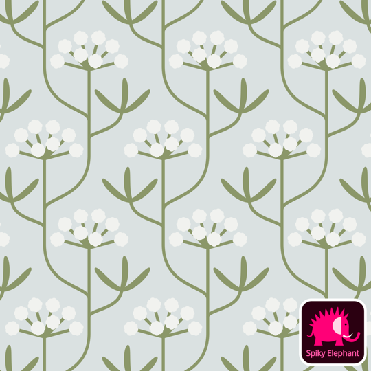 Coastal Rock Flowers wallpaper and fabric - Light Grey Blue, Sage Green, White