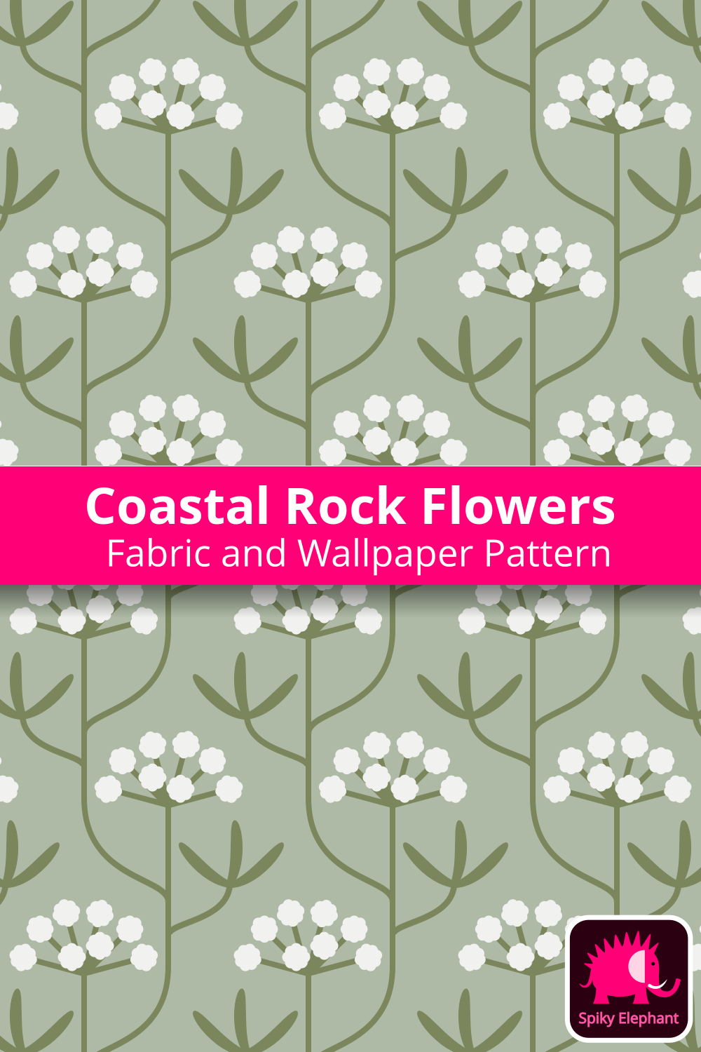 Coastal Rock Flowers - Light Sage Green, Dark Sage Green, White wallpaper and fabric - Light Sage Green, Dark Sage Green, White