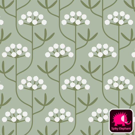 Coastal Rock Flowers wallpaper and fabric - Light Sage Green, Dark Sage Green, White