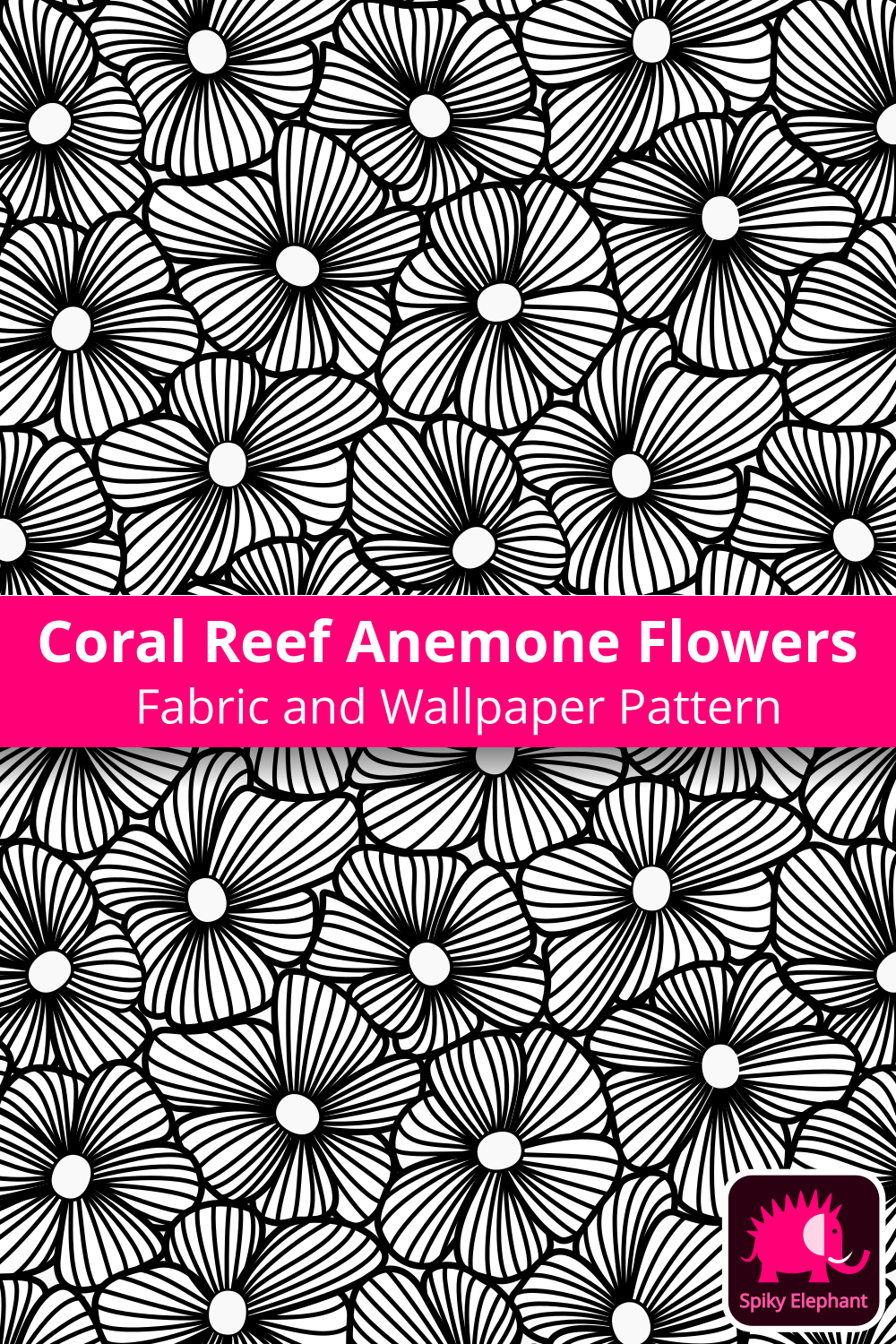 Coral Reef Anemone Flowers - Black on White wallpaper and fabric - Black on White