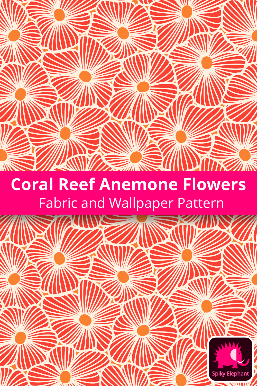 Coral Reef Anemone Flowers - Red Orange Peach Cream wallpaper and fabric - Red Orange Peach Cream