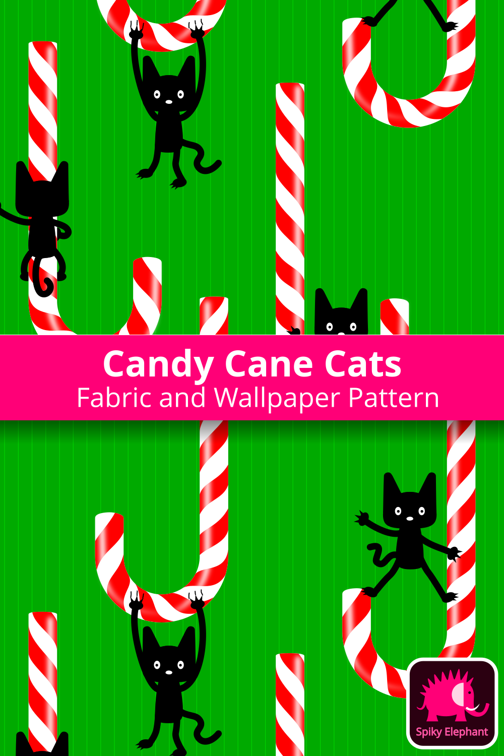 Cute Candy Cane Cats wallpaper and fabric - Black Cats on Green