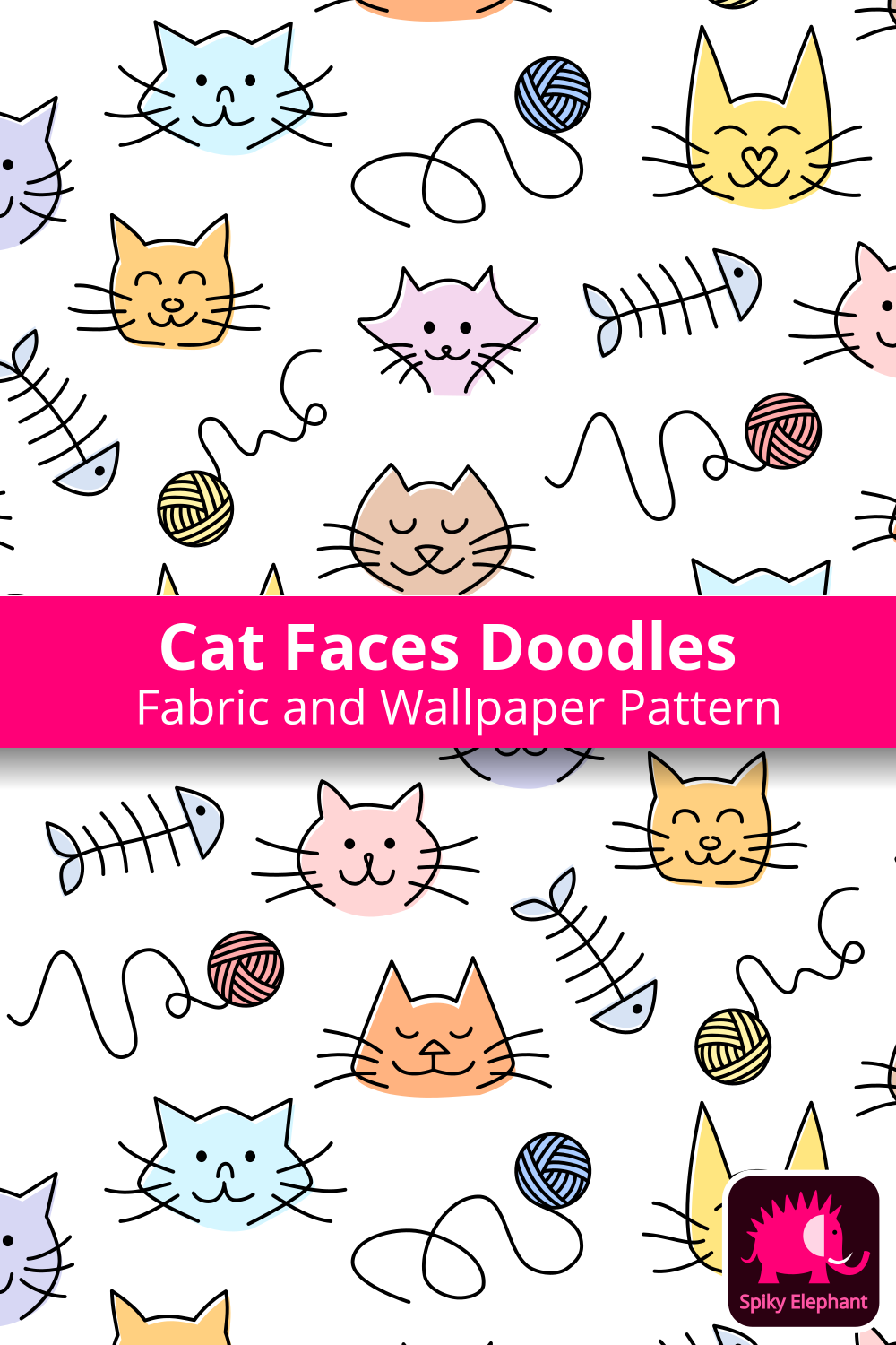 Cute Cat and Dog Faces - Doodle Pets wallpaper and fabric - Cute cat faces on white background