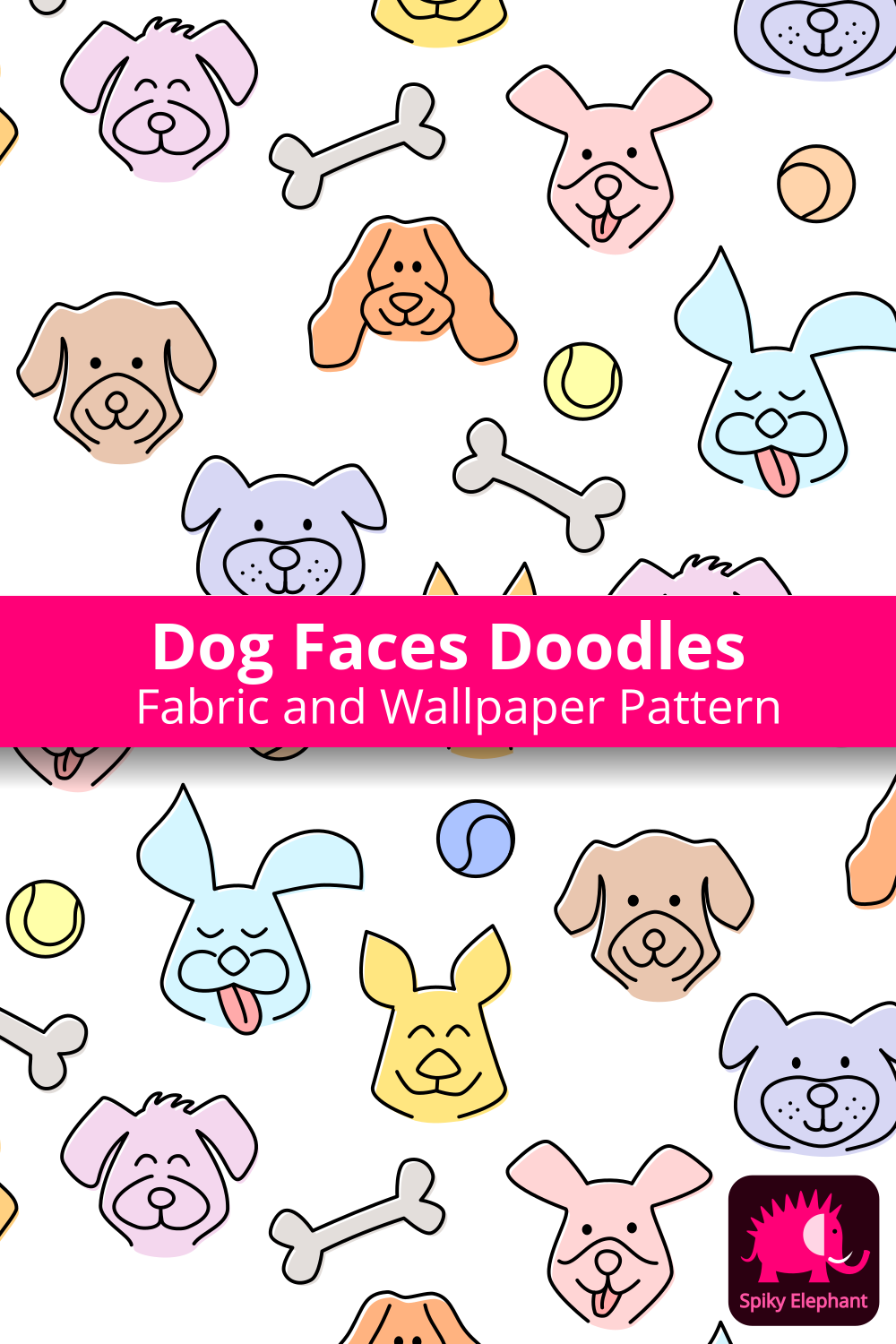 Cute Cat and Dog Faces - Doodle Pets - Cute dog faces on white background wallpaper and fabric - Cute dog faces on white background