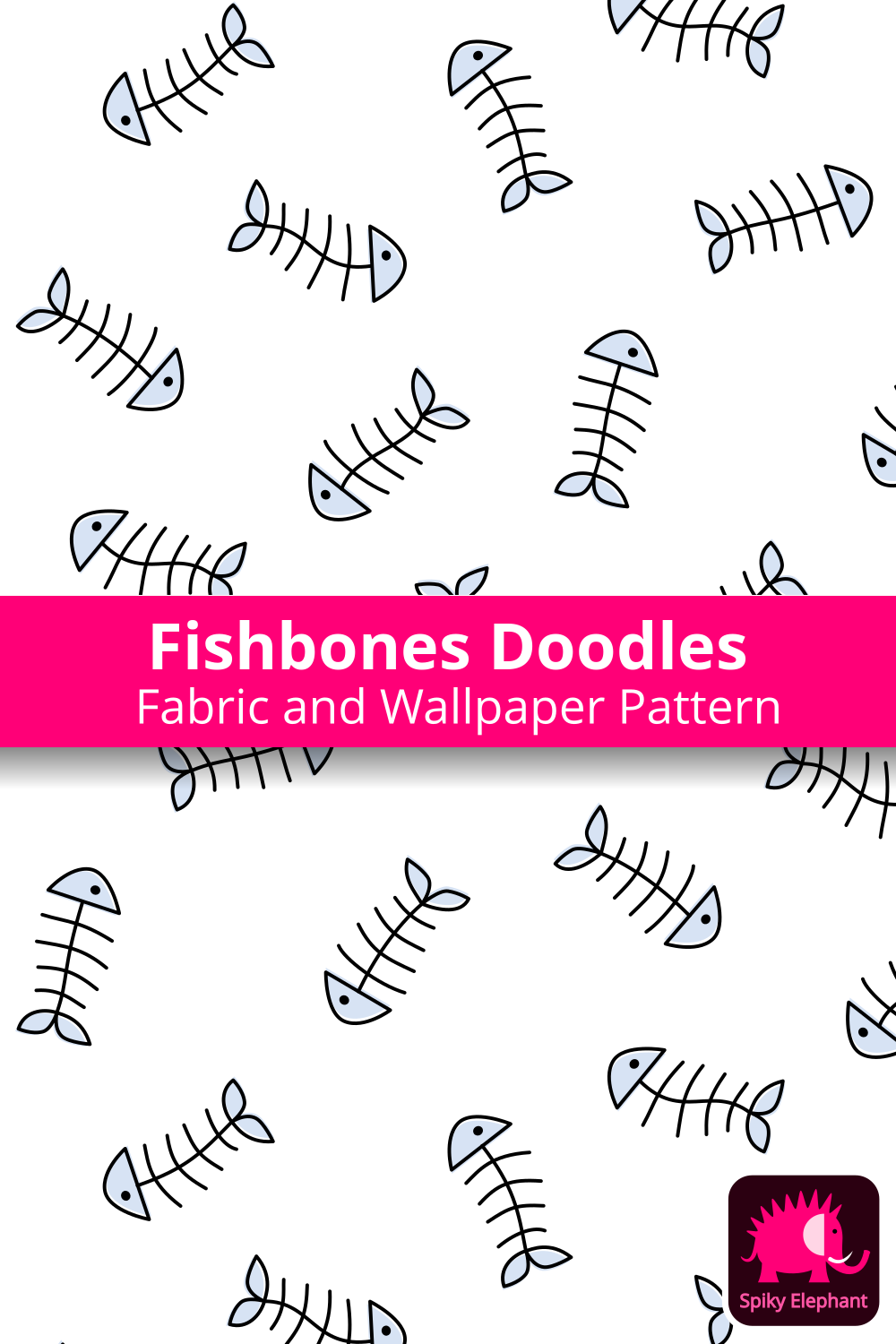Cute Cat and Dog Faces - Doodle Pets - Fishbones on white background wallpaper and fabric - Fishbones on white background