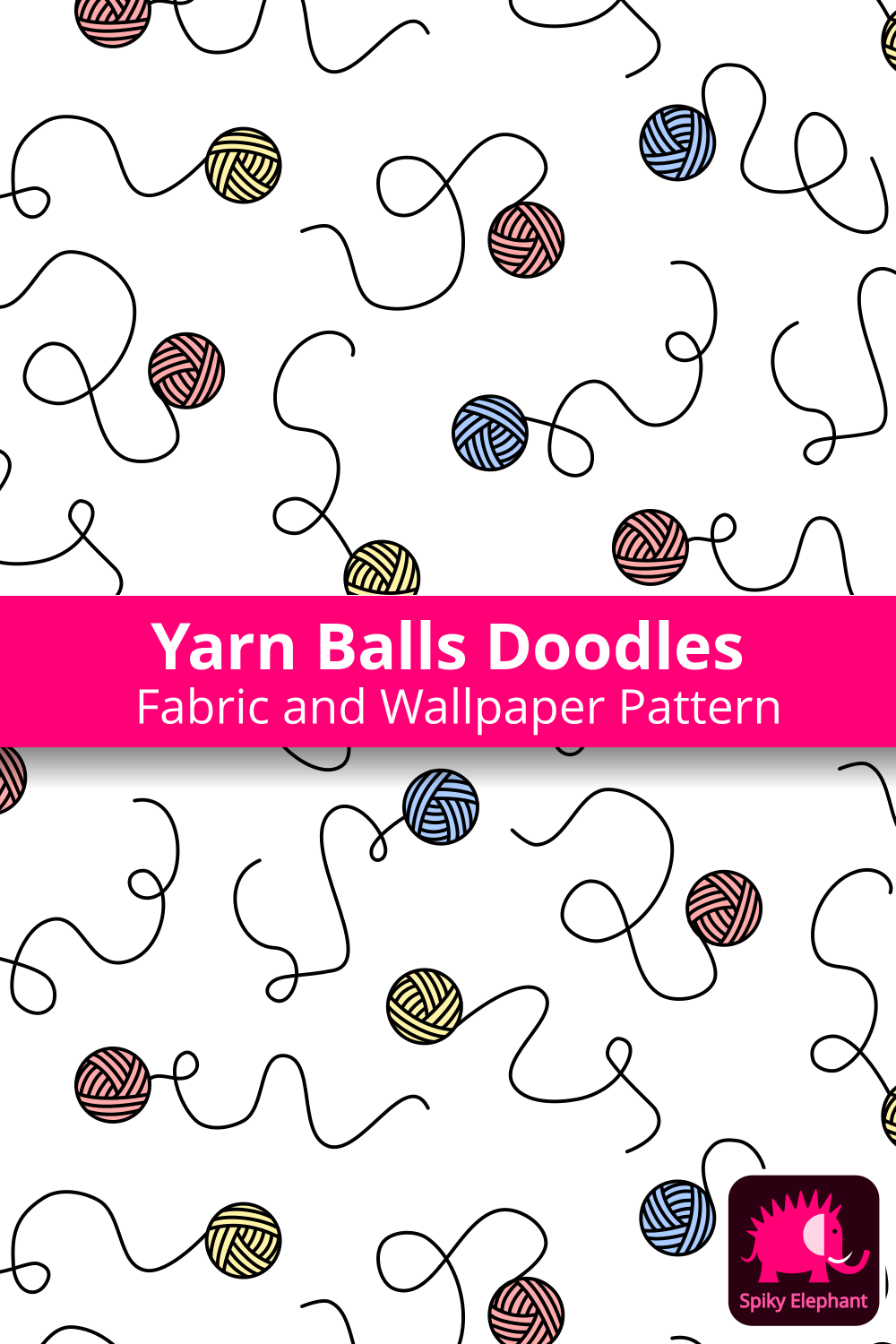 Cute Cat and Dog Faces - Doodle Pets - Yarn balls on white background wallpaper and fabric - Yarn balls on white background