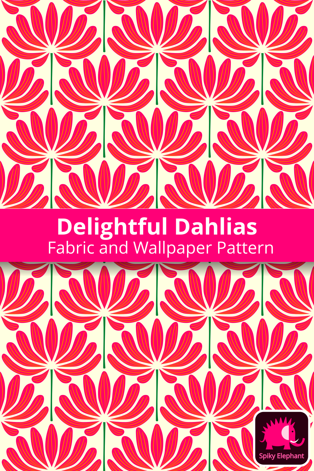 Delightful Dahlias - Magenta Pink and Orange Dahlia Flowers on Yellow Cream wallpaper and fabric - Magenta Pink and Orange Dahlia Flowers on Yellow Cream
