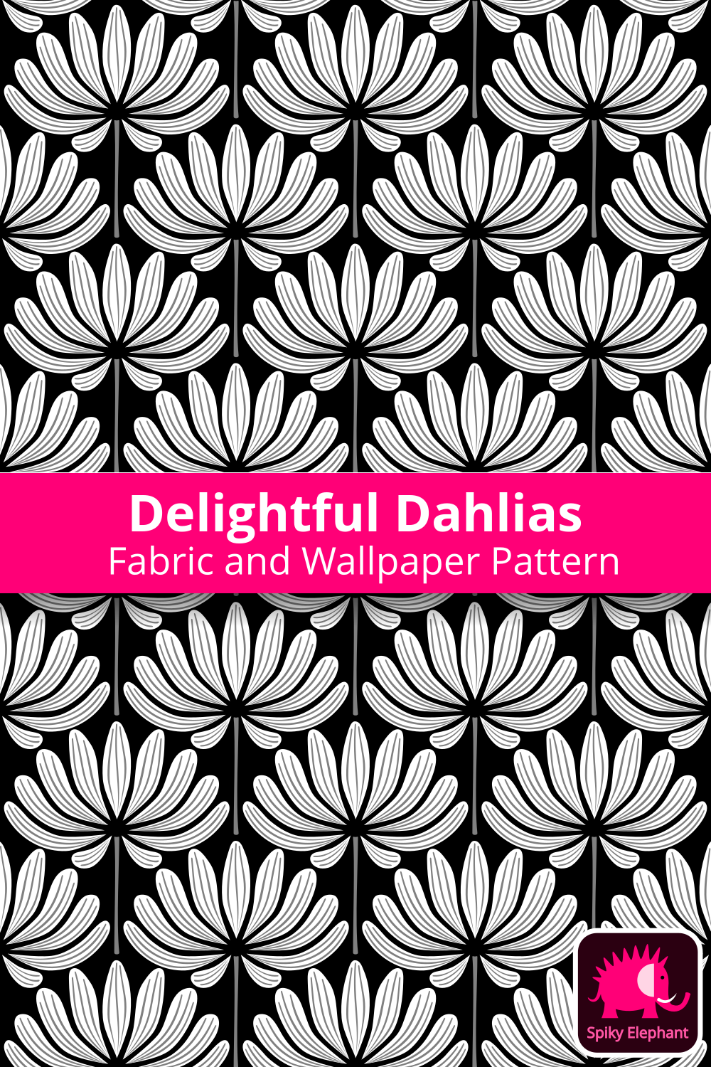 Delightful Dahlias - White Dahlia Flowers on Black wallpaper and fabric - White Dahlia Flowers on Black